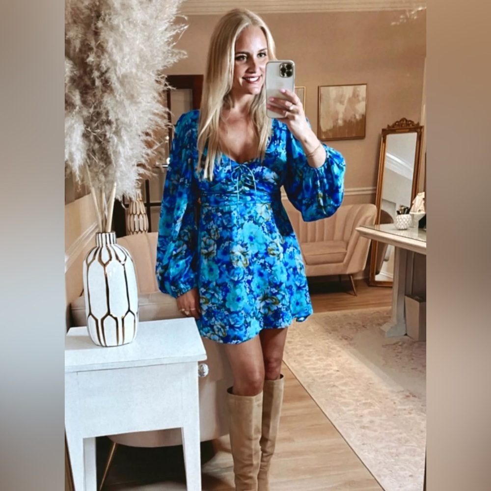 For Love & Lemons Blue Floral Mini Dress